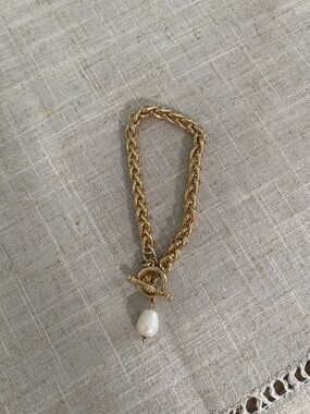 Costume Gold Chain Bracelet with Pearl Charm - Women Jewelry